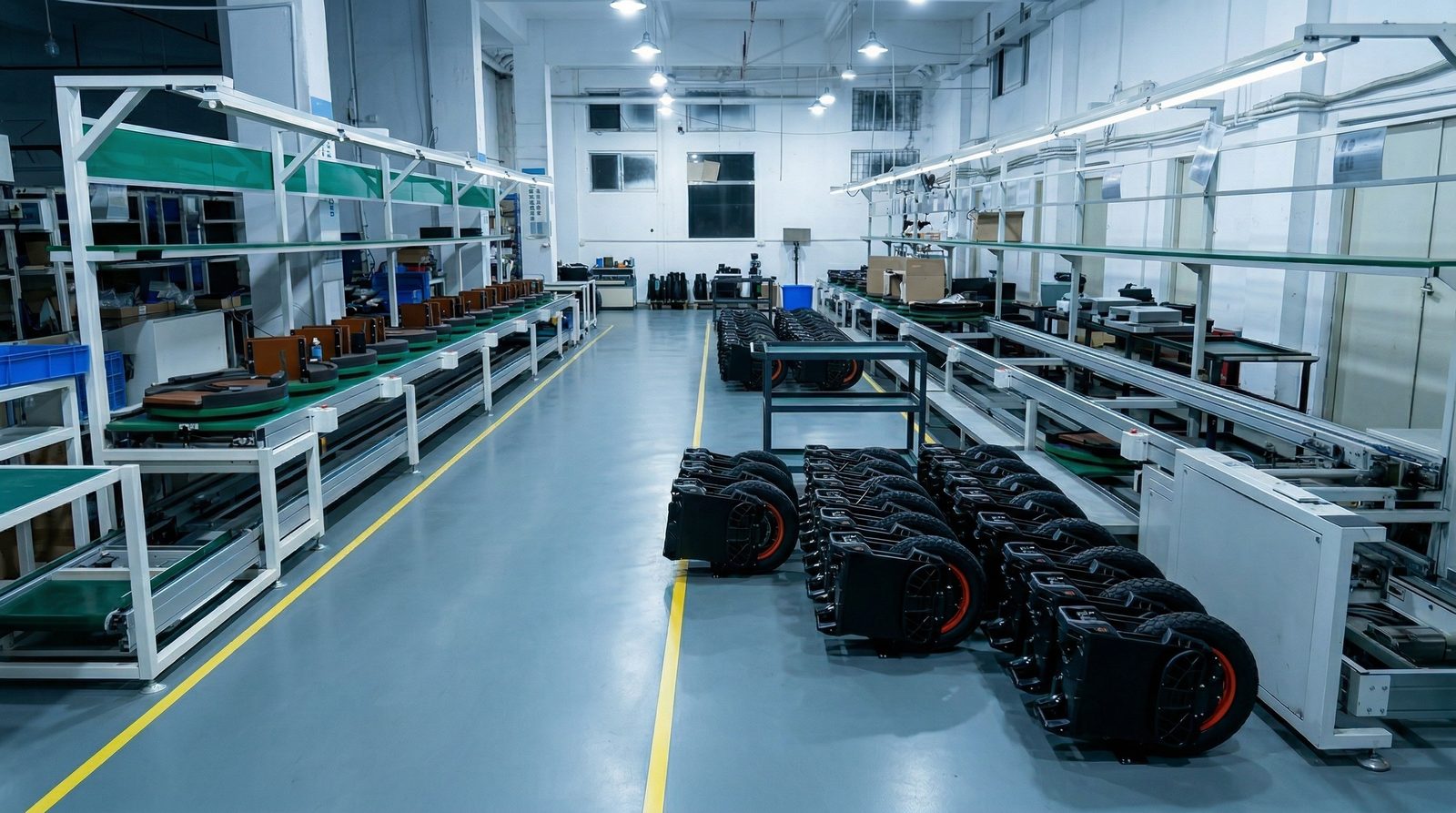 Begode electric unicycles arranged in the real assembly area